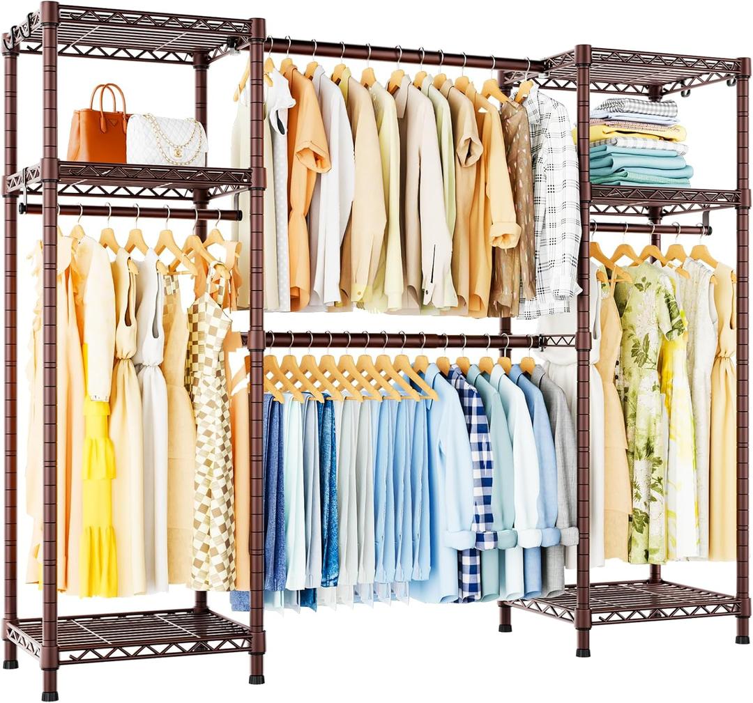 Ulif E7 Garment Rack, Heavy Duty Clothes Storage System with Extendable Hangers Rods, Metal Clothing Rack with 6 Wire Shelves, (52.3"-72") W x 14.5" D x 71.2" H, Load 838lbs, Bronze