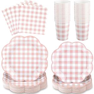 NatNarr 250 Pcs Pink Gingham Plates Set, Scalloped Pink and White Checkered Tableware Set Includes Disposable Plates Napkins and Cups for Wedding Birthday Picnic Baby Bridal Shower