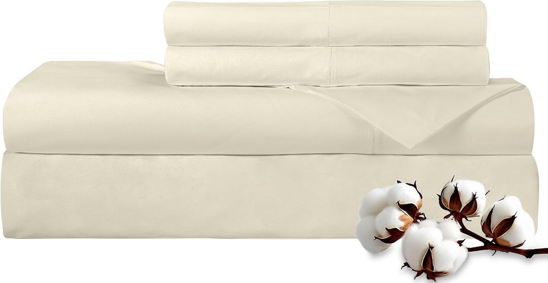 ROYALE LINENS 300 Thread Count 100% Long Staple Combed Cotton Sheet Set - 4 Piece King Bed Sheets - 1 Fitted, 1 Flat & 2 Pillow Cases - Soft Cool & Crisp Sheet Set (King, Ivory)
