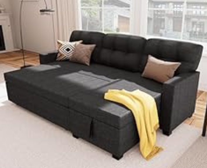 Wakefit Reversible Sectional Sofa Couch, Sleeper Sofa Bed with Storage Chaise Pull Out Couch for Living Room | Hidden Stroge | Pull Out Bed | Removable Backrest | Linen Fabric, DeepGrey