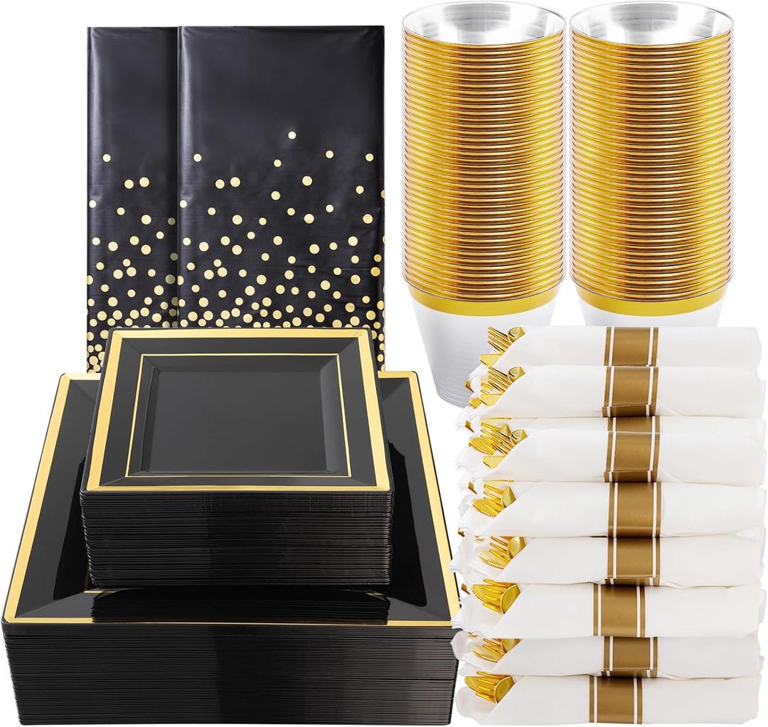 Goodluck 352 Pieces Black Dinnerware Set for 50 Guests, Black Square Plastic Plates with Gold Trim, Include: 100 Plastic Plates, 50 Rolled Napkins, 50 Cups, 50 Cutlery Set and 2 Tablecloth