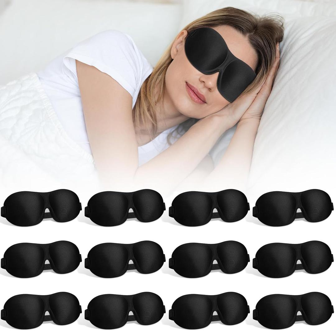 Bonuci 12 Pack Sleep Mask Blackout 3D Eye Mask for Ultralight Sleeping Night Blindfold Eye Covers with Adjustable Strap for Men Women Travel Gift Back and Side Sleeper (Black)