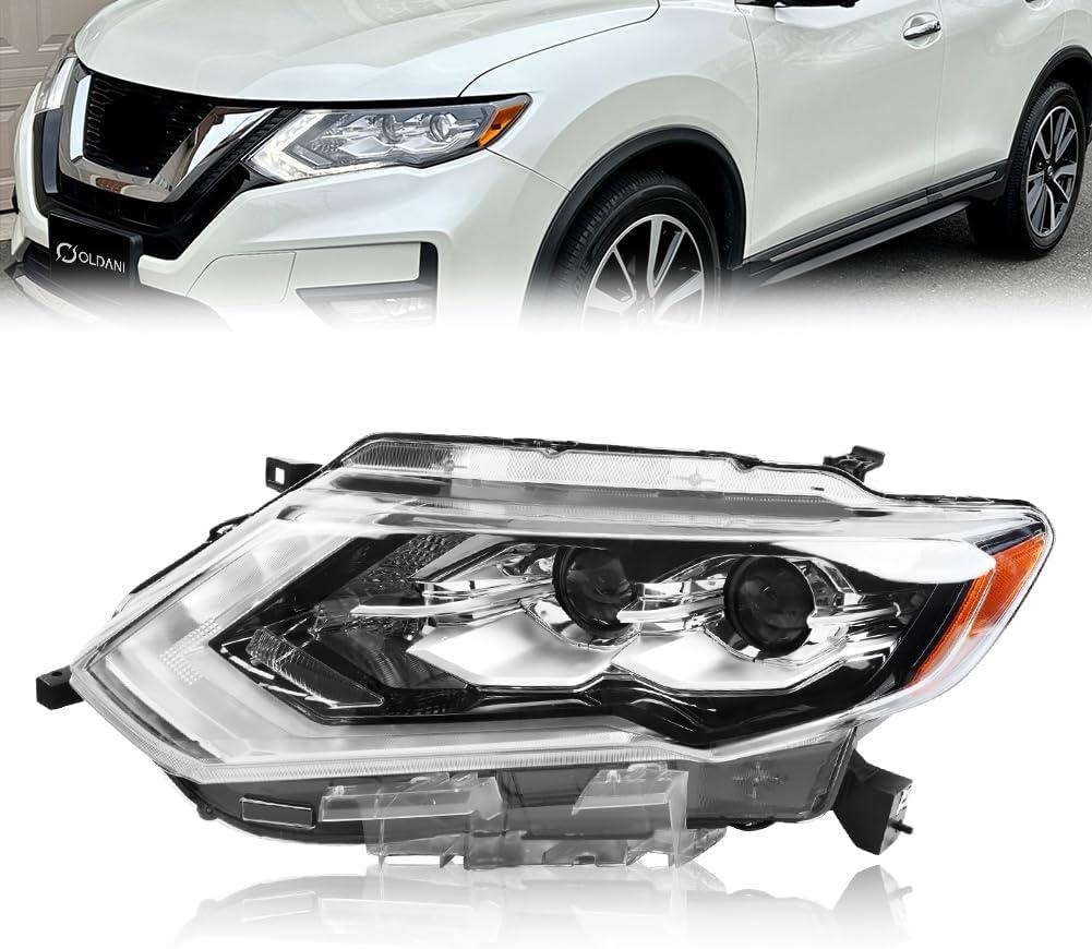 LED Projector Headlight Assembly Fit for 2017-2020 Nissan Rogue SL, 17-19 SL Hybrid, [LED DRL] Left Driver Side Headlamp with Clear Lens Black Housing Amber Reflector, OEM# 260606FL6A, 1 PC