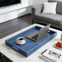 25x18 inches Leather Ottoman Serving Tray with Hole Handles, Rectangle Large Modern Service Tray for Living Room, Coffee Table, Bed, Tea, Food, Butler Countertop, Kitchen, Dinner, Picnic (Blue)