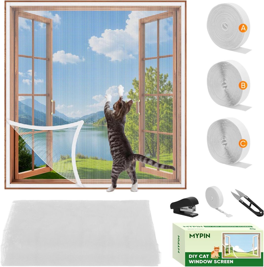 Adjustable DIY Cat Window Screen Fits Any Size Smaller Than 51"x 59", Self-Adhesive Reinforced Mesh Window Screen, with Ruler/Knife/Stapler Accessories (White)