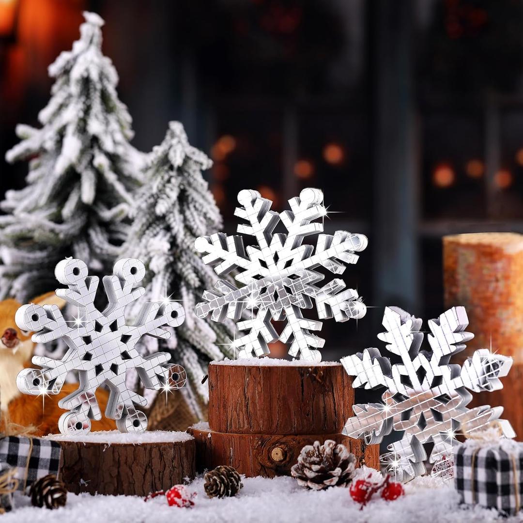 Amyhill 3 Pcs Winter Snowflake Centerpieces for Tables Disco Snowflake Table Decorations Freestanding Winter Tabletop Reflective Silvery Disco Mirror Blocks for Home Mantle Shelf Tiered Tray Xmas