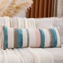 Boho Farmhouse Turquoise Blue Throw Pillow Cover 14x36 Coastal Pillow Cover Striped Decorative Pillow Case Accent Chenille Lumbar Pillowcase Patterned Cushion Case Spring Home Decor(1 Piece)