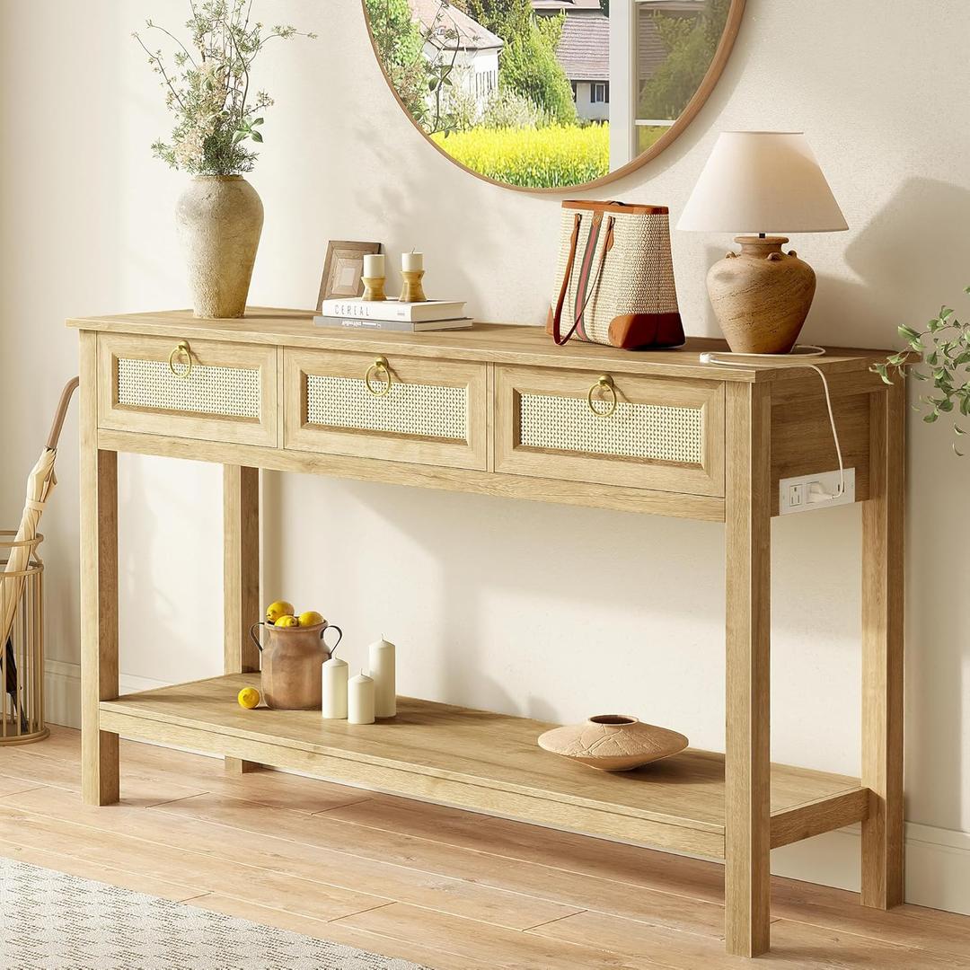 SUPERJARE Rattan Console Sofa Table with Outlets and USB-C Port, 3 Drawer Entryway Table with Synthetic Rattan Surface, Open Shelf, Behind Couch Entry Foyer Hallway Storage, Natural, 11"D x 47.2"W x 31.5"H