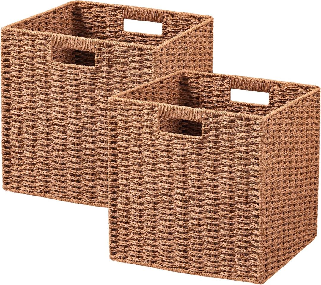 UBBCARE 2 Pack Wicker Basket, 11L11H10.5W inch Woven Paper Rope Storage Baskets for shelves, Foldable Cube Storage bin with Handle, Storage Basket for Organizing & Decor, Caramel