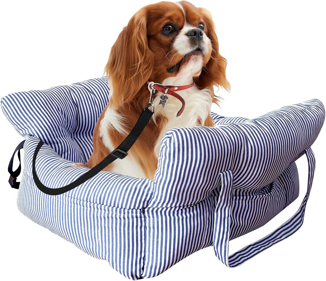 Medium Dog Car Seat Up to 28lbs - Pet Travel Bed Booster with Storage, Safety Tether, Anti-Slip Bottom for Cars (Blue)