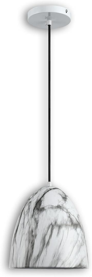 Modern Marble Pendant Light, 8.2"x7.9" Metal Hanging Light Fixture with Faux White Stone Finish, 15"-72" Adjustable Line, E26 Socket for Dining Room, Kitchen, Entryway, Bedroom Ivory Quartz