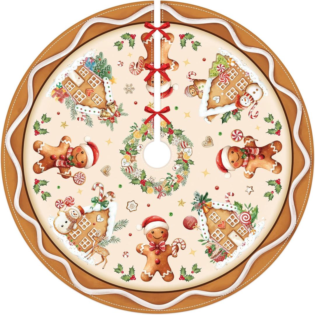 Christmas Tree Skirt 36 Inch Gingerbread Man Christmas Tree Decorations Cute Xmas Tree Mat Ornaments for Home Holiday Xmas Party Indoor Outdoor (Brown, 36 Inches)