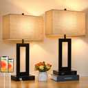 Set of 2 Touch Control Table Lamp with 2 USB Ports, 3-Way Dimmable Modern Nightstand Lamp Sets Bedside Touch Desk Lamp with Fabric Cream Shade For Bedroom Table Living Room Reading, Included Bulbs