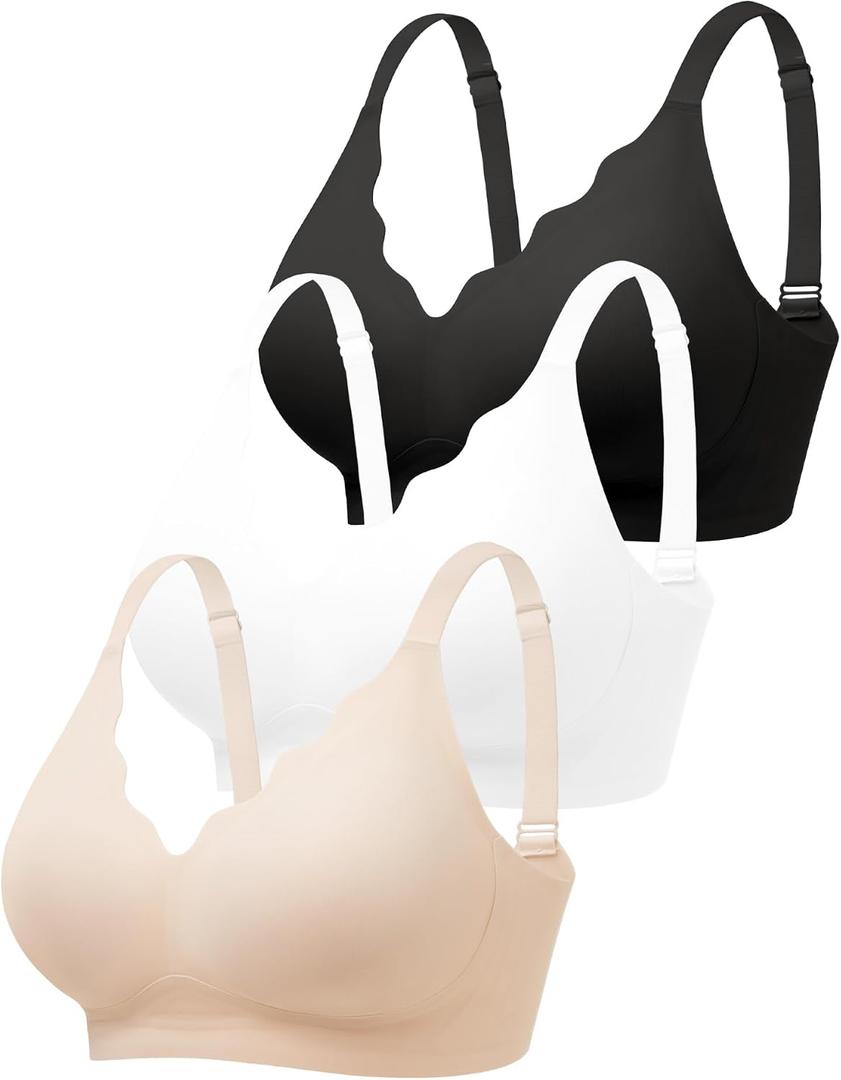 Cuteio Wireless Bras for Women No Underwire with Support - 3 PCS Seamless Bralettes Everyday Full Coverage Comfort T-shirt Padded Bra Skin, Black Black+Nude+White, Medium