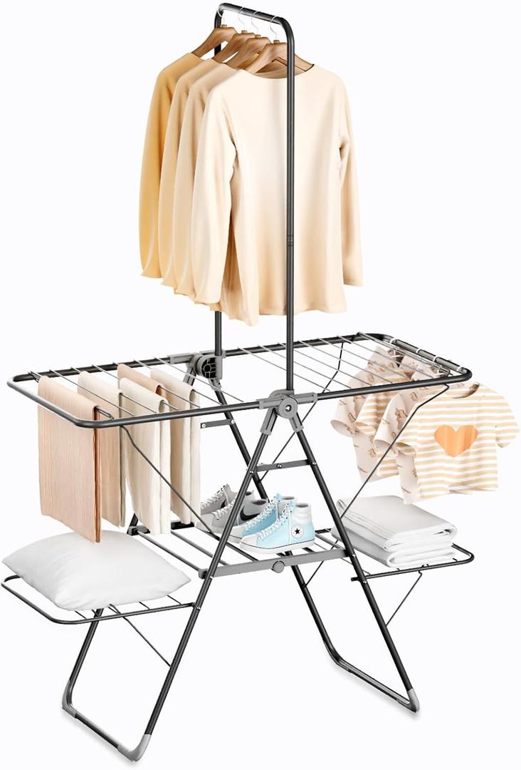Bigzzia Clothes Drying Rack Foldable, 67.13Inch High Hanger Laundry Drying Rack with 4 Height-Adjustable Wings, Lightweight and Space Saving Clothes Airer for Apartments, Dorms, Camping, Gray