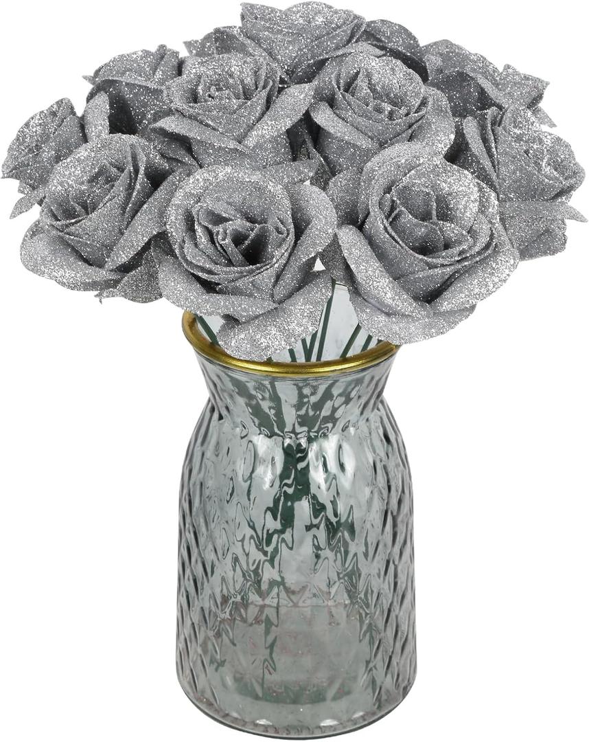 30PCS Silver Roses Artificial Flowers Fake Glitter Roses Silk Flower for DIY Crafts Wedding Bouquet Party Home Decor(Silver)