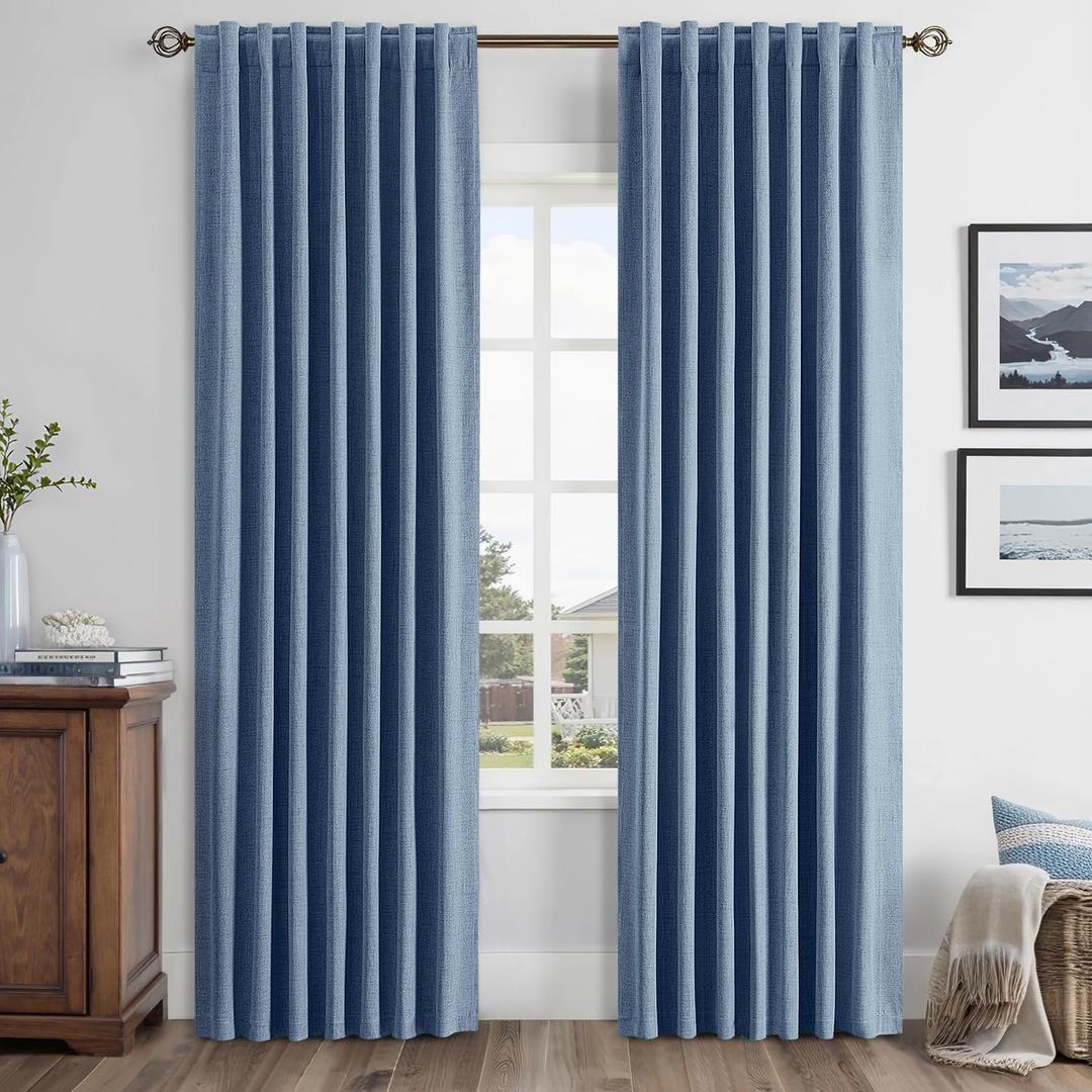 MIULEE 100% Blackout Linen Curtains for Bedroom, Blue Solid Luxury Decor Thermal Insulation Room Darkening Drapes for Living Room Nursery Back Tab Rod Pocket 42 x 84 Inches, 2 Panels