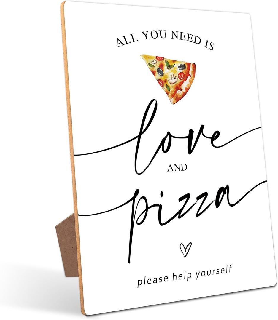 Pizza Bar Table Sign  All you need is Love and Pizza, Perfect for Bridal Shower and Baby Shower, Summer Wedding Decorations, Graduate, Retire, 8×11 Wooden Party Sign with Stand