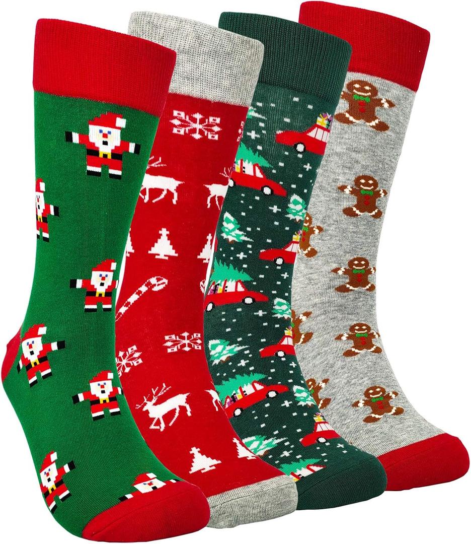 HSELL Mens Fun Patterned Dress Socks Funny Novelty Crazy Design Cotton Socks Gift for Men (One Size, 4 Pairs - Christmas)