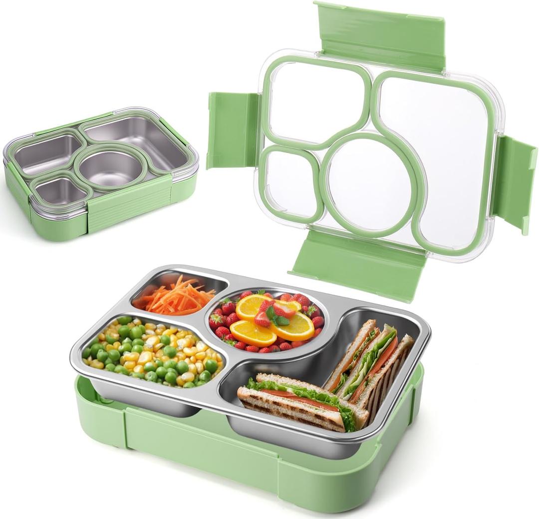 Palksky Stainless Steel Lunch Box for Kids, Stainless Steel Bento Box for Adult, 4 Compartment Metal Food Storage Containers with Lid for Travel, Work, Eco-Friendly, Leak-Proof (Green)