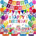 Birthday Decorations Kit, Happy Birthday Party Banner, Honeycomb Balls, Metallic Hanging Swirls, Circle Garland, Colorful Party Decorations, Backdrop Cloth, Centerpieces for Tables