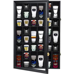 Furnishh 36 Slots Shot Glass Display Case with Lockable Door, Solid Wood Cabinet Collection Holder Wall Mounted Shot Glass Display Storage Box with Removable Shelves, 18"x26", Black