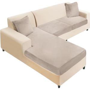 NAISI Sectional Couch Cover 3 Pieces Velvet Separate Couch Cushion Covers L Shape Soft Stretch Sofa Slipcovers with 2pcs Pillowcases for Left/Right Chaise Sectional Couch(2 Seater+1 Chaise,Taupe)