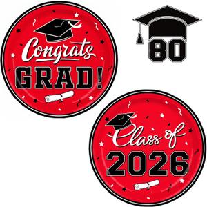 Graduation Party Supplies 2026 Graduation Party Dinnerware Red Disposable Paper Plates for Congrats Grad Party Decorations, Serve 80