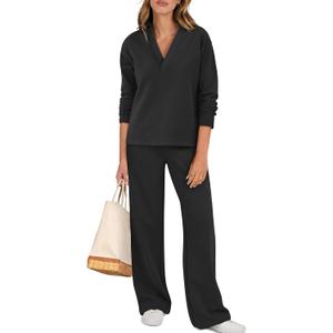 ANRABESS Lounge Sets for Women 2 Piece Outfits Sweatsuit Set Fall V Neck Sweatshirts Wide Leg Pants Tracksuits  (Black, S)