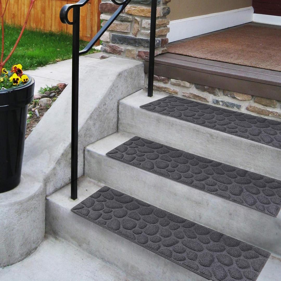 Aucuda 6pcs 8.5" x 30" Stair Treads Outdoor for Elders and Dogs on Wooden Steps, Non Slip Stair Runner Rug Heat Insulation Rubber Backing, Gray Stone Staircase Mat Carpet for Indoor Grip Farmhouse.
