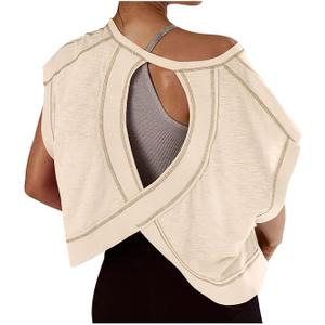Womens Open Back Workout Tops Short Sleeve Y2k Yoga Shirts Athletic Gym Slouchy Crop Top Casual Backless Running Tees (Small, A02~Beige)