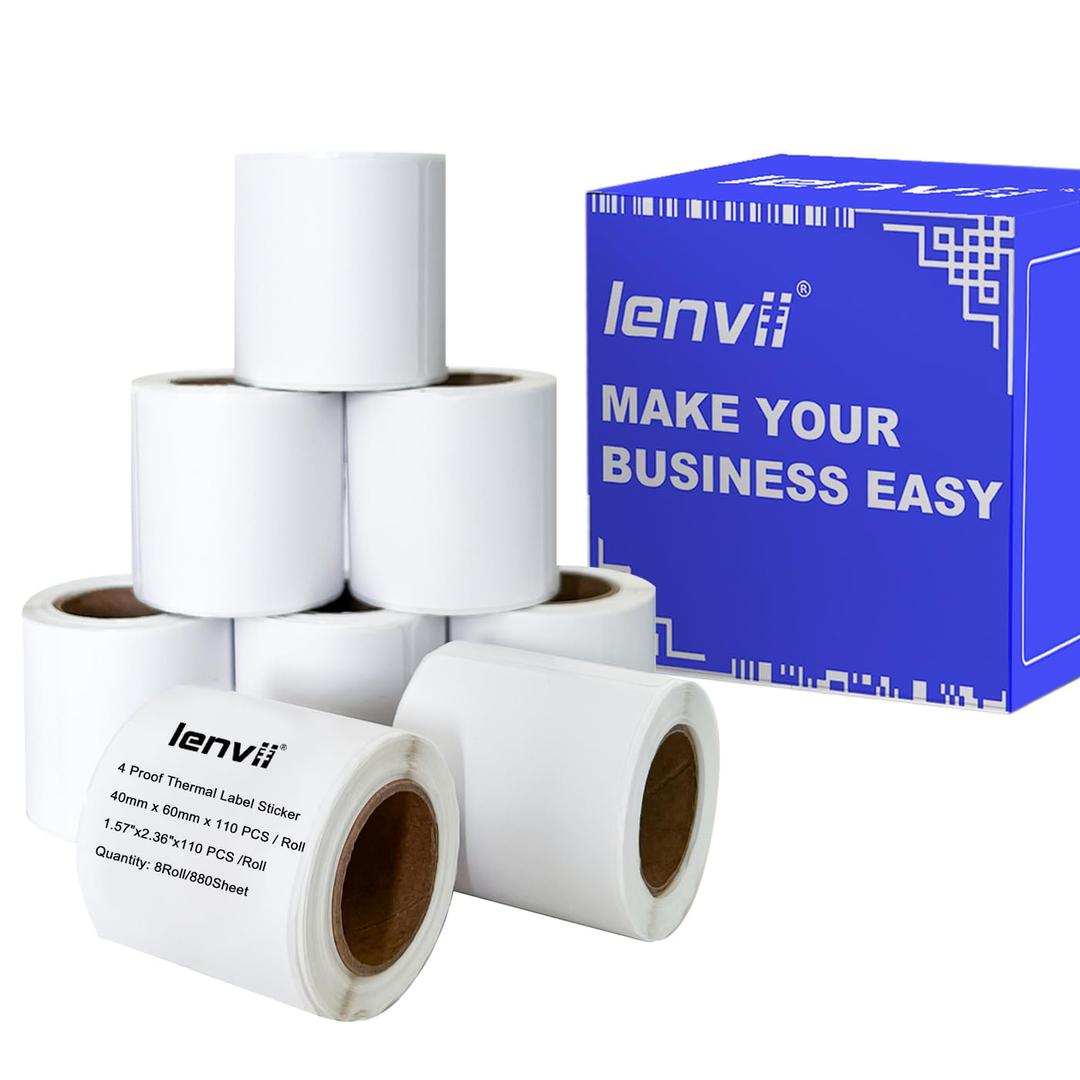 LENVII 1.57" x 2.36" Thermal Labels Paper 880 Sheets -8 Rolls × 110 Labels,Tear/Water/Oil/Scratch Resistant Multi-Purpose Adhesive Stickers for Barcode/FNSKU,Home,Office,DlY logo,Product/Gift Labeling