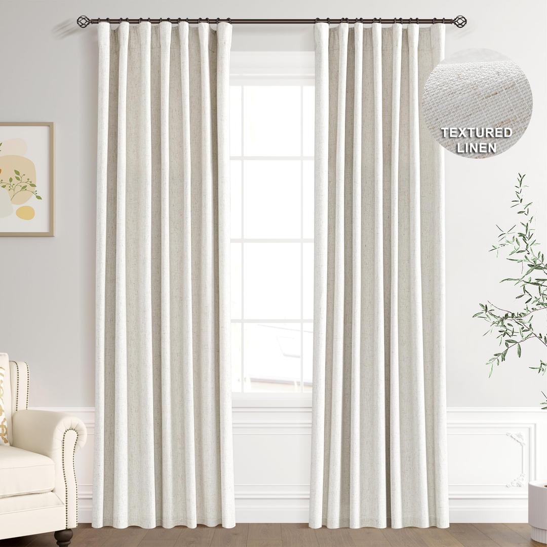 Joywell 100% Blackout Linen Curtains 76 Inch Long for Bedroom Window Natural Black Out Curtain Rod Pocket Back Tab Noise Reduction Drapes for Living Room Office Cream Ivory 2 Panels,52 x 76