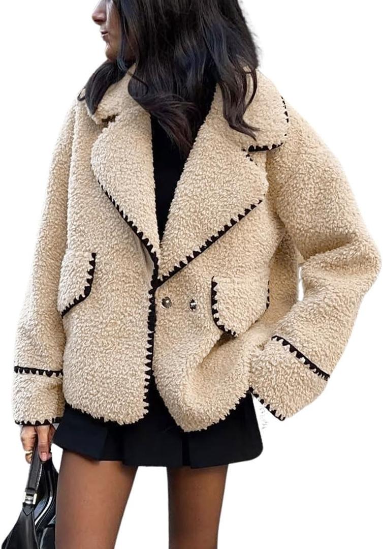 chouyatou Women's Winter Casual Embroidered Sherpa Jacket Notch Lapel Fuzzy Faux Fur Fleece Jacket Coat (Large, Apricot)