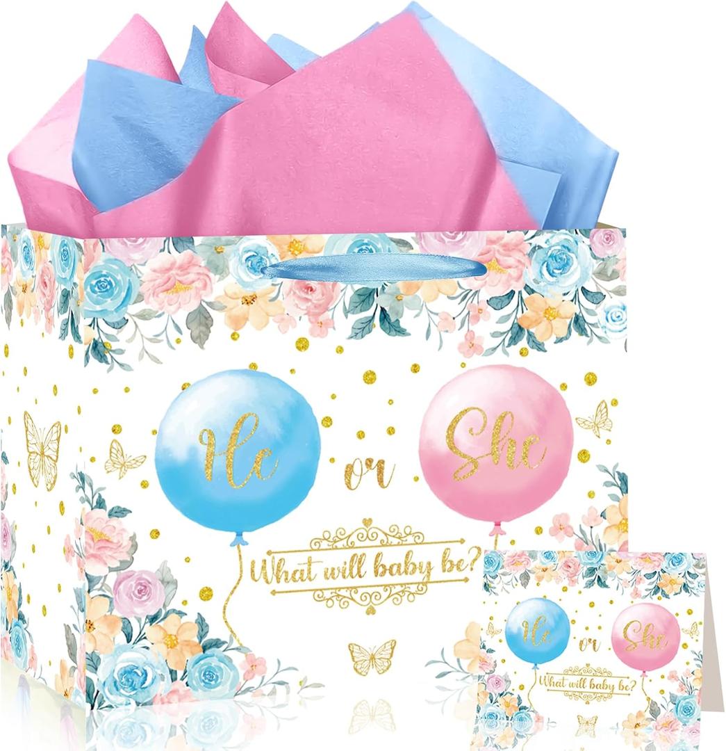 7 x Gender Reveal Gift Bag Blue Pink Boy or Girl Paper Bag with Wrapping Paper Card What Will Baby Be Party Decoration Ballon Treat Candy Bag for Baby Shower Gender Reveal Birthday Party Supplies
