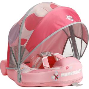 Mambobaby Float with Canopy Size Improved Non Inflatable Infant Baby Pool Float Smart Mambo Float Swim Trainer Add Tail Baby Swim Float Mambo Baby Float Solid Air Free Water Waist Swimming Ring (3D Butterfly Pink)