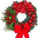 Artificial Christmas Wreath for Front Door, Christmas Door Decorations Wreaths, with Christmas Balls, Bow, Xmas Wreaths Decor Outdoor Christmas Wreaths (Red)