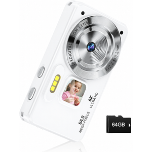 Digital Camera, Autofocus 4K 64MP Point and Shoot Digital Cameras for Teens with 64GB Card, 18X Zoom Anti-Shake Compact Video Camera for Student Kids Boys Girls Beginner - White 