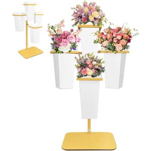 PROLEE Flower Display Stand with Buckets, Wedding Flower Cart Display Stand with Wheels,Flower Stand for Wedding Party, Events and Garden Decor (White) (Gold)