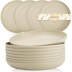 Wrova Wheat Straw Plates - 8 Inch Unbreakable Dinner Plates Set of 8 - Dishwasher & Microwave Safe Plastic Plates Reusable - Lightweight Small Plates for kitchen, R.V. (Beige)
