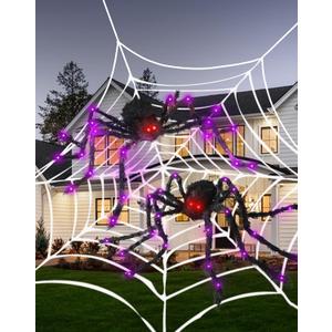 Halloween Decorations Light Up Spiders,59.05 Giant Spider Halloween Decorations,Halloween Giant Light Up Spider with Red Eyes for Haunted House/Yard/Costumes Party Decorations (BK 2PCS)