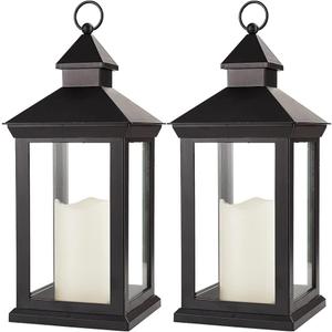 Bright Zeal 2-Pack 14" Decorative Candle Lantern Black Outdoor Lanterns with Timer Candles - IP44 Waterproof Vintage Lanterns Battery Powered LED Decorative for Wedding - Warm White Hanging Wall