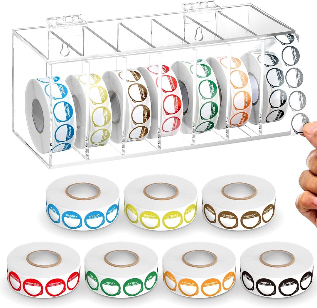 7000 Pcs Removable Day of The Week Labels and Acrylic Label Dispenser, Food Stickers Management Monday Through Sunday Colored Food Self Adhesive Day Dot Sticker