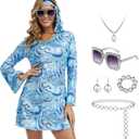 70s Disco Costume for Women - 1970s Disco Outfit Hippie Costume Shiny Disco Dress for 70's Theme Parties (X-Large, Blue)