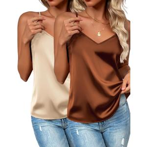 Zeagoo Women's Silk Satin Tank Tops 2026 V Neck Adjustable Spaghetti Strap Sleeveless Camisole Summer Basic Blouse (Brown, L)