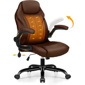 Ylzyxal Office Desk Chair, Ergonomic Computer Chair with Padded Flip-Up Arms and Adjustable Lumbar Support, PU Leather Executive Chair with Tilt Lock and 360 Swivel Rolling Wheels for Work, Study