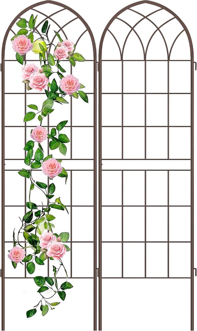 LZRS 2 Pack Rustic Iron Arch Decoration Garden Trellis with Metal Coating Perfect for Supporting Climbing Plants Outdoor, Roses, Vines, Flowers, and Vegetables, Brown