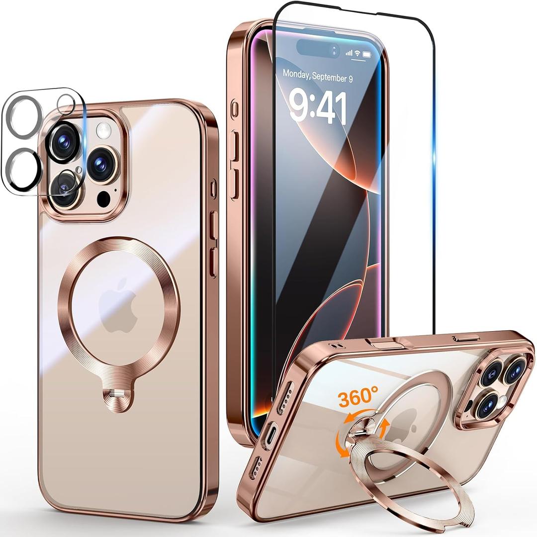 [Tri-Shield Protection] for iPhone 16 Pro Max Case with 360 Spin Stand Compatible with MagSafe [Magnetic CD Ring][Screen & Camera Lens Protector]Shockproof Plating Never-Yellowing, Desert Gold -6.9"