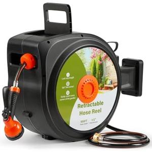YSEAGA Retractable Garden Hose Reel 100 ft x 1/2 in,Super Heavy Duty Automatic Wall Mount Water Hoses Reels for Outdoor, Any Length Lock, Slow Return System,180° Swivel Bracket,10 Pattern Nozzle