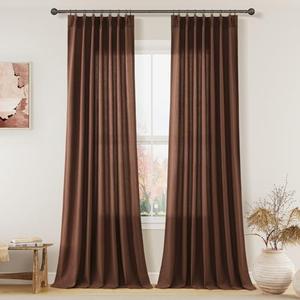 Aersas Rustic Brown Pinch Pleated Linen Curtains 108 Inch Length 2 Panels for Living Room Bedroom Semi Sheer Window Curtain Boho Neutral Back Tab Pinch Pleat Drape with Hooks 40x108